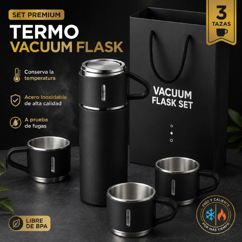 Termo De Acero Inoxidable Vacuum Flask 500ml Con 3 Tazas Vasos Incluidos Negro