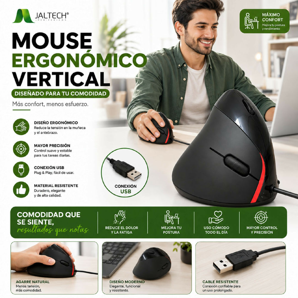 Mouse Ergonómico Alámbrico Vertical Sensor Óptico Con Botones Laterales