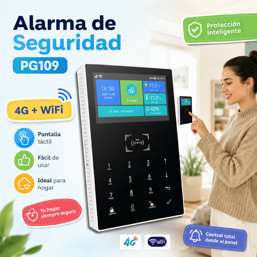 Sistema De Alarma De Seguridad PG109 4G Y WiFi Con Pantalla Tactil