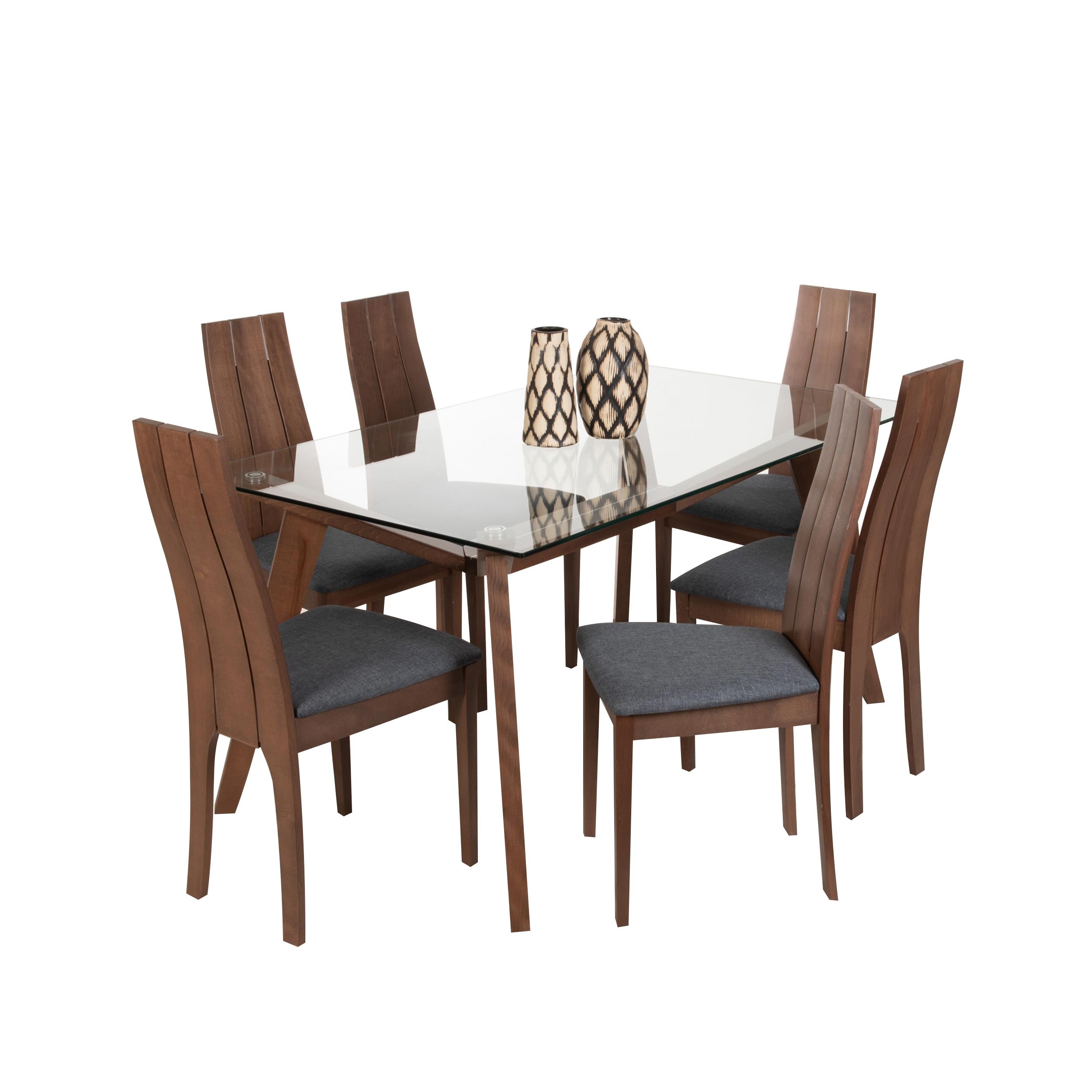 Juego de comedor 6 puestos vidrio caoba Edric