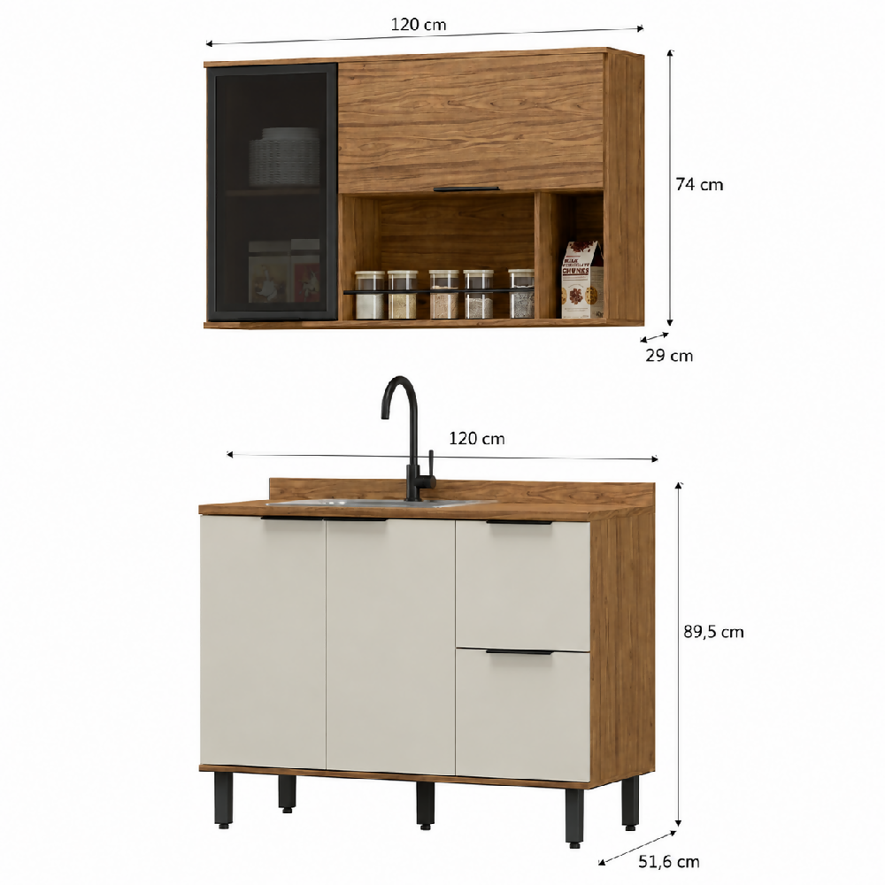 Cocina 120 cm Malta 3 Puertas 2 Cajones - Natural/Blanco Apagado