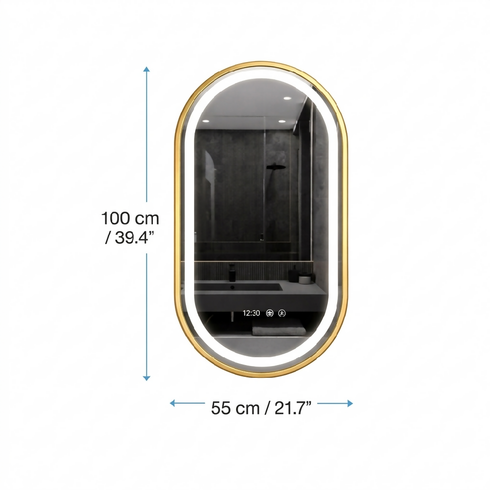 Espejo LED ovalado 100x55 con sistema antiempañante y elegante marco dorado