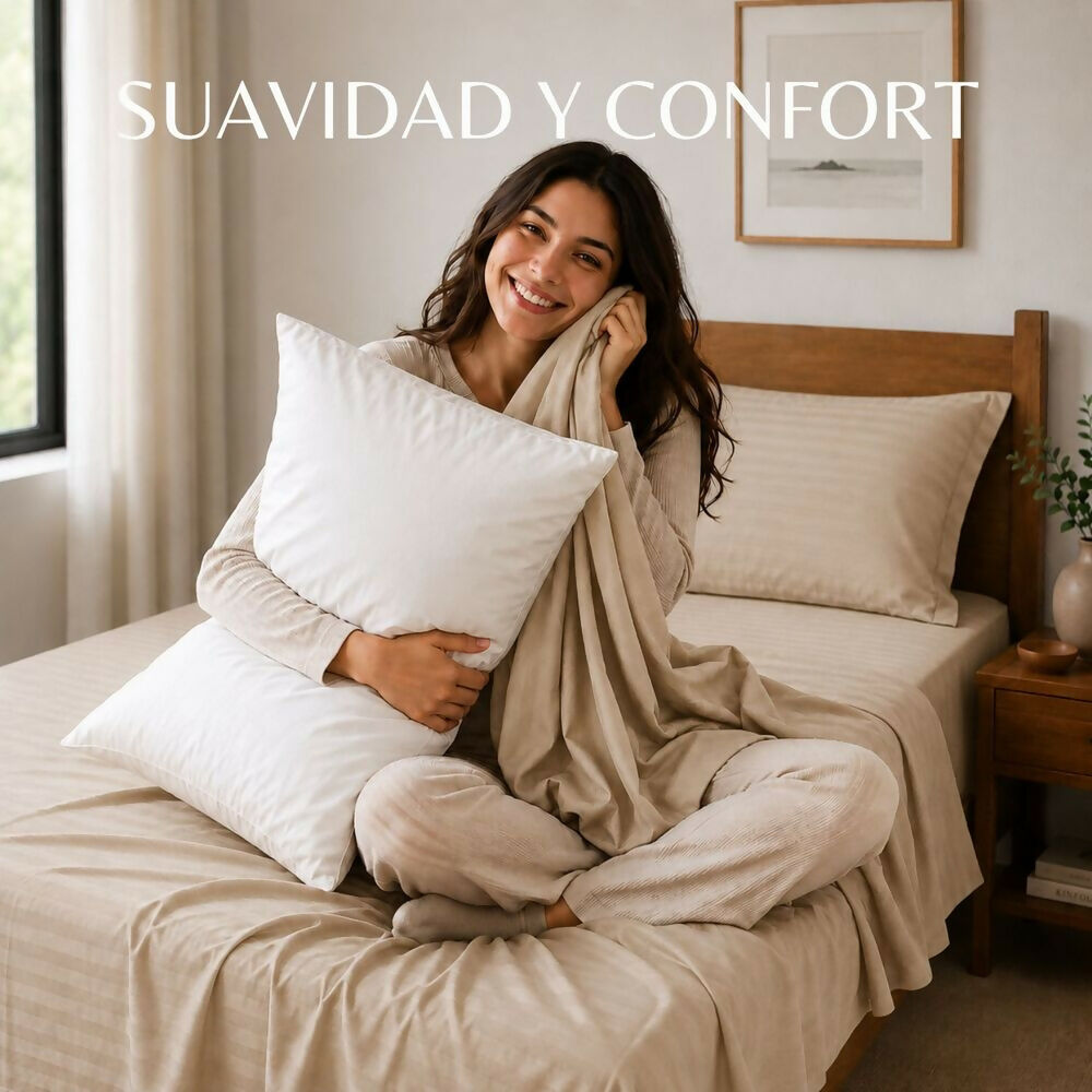 Combo Juego de sábanas + 2 almohadas siliconadas doble beige