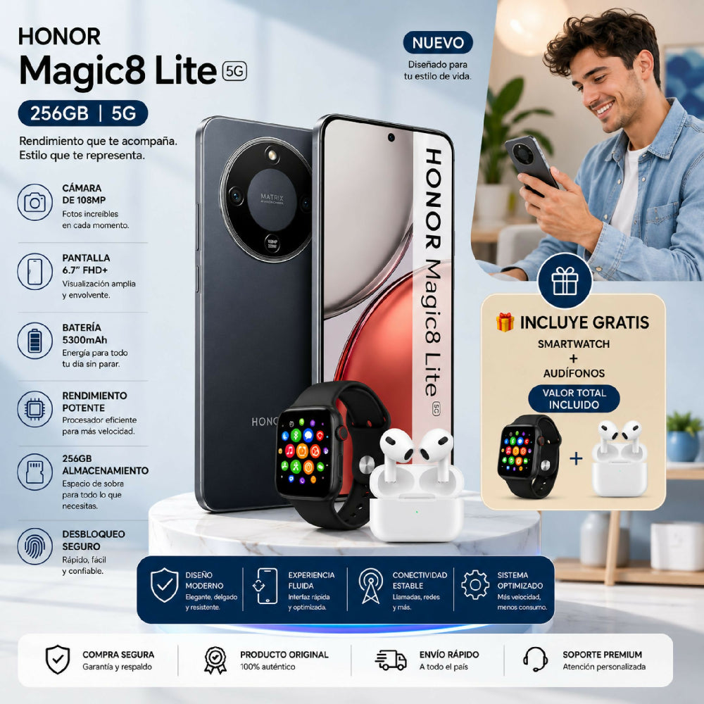 Honor Magic 8 Lite 5g 256gb Negro + Regalo Smartwatch Y Audífonos Bluetooth