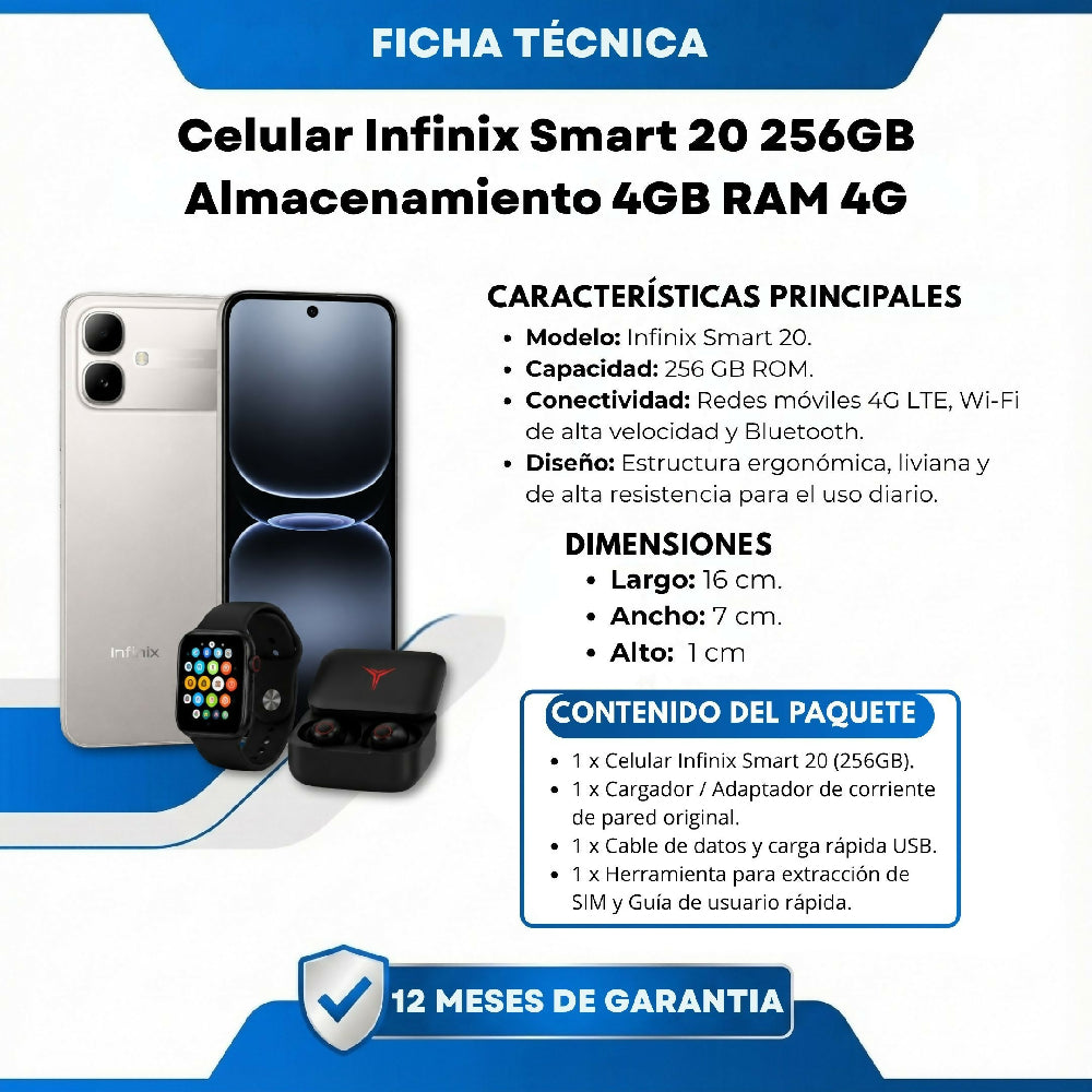 Celular Infinix Smart 20 256GB 4GB RAM Blanco + Audífonos Y Reloj Obsequio