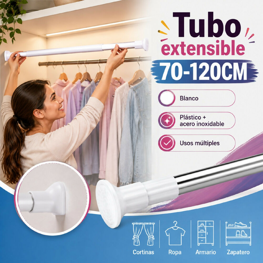 Tubo Para Colgar Ropa Ajustable Extensible 70-120 Cm De Presion Tendedor