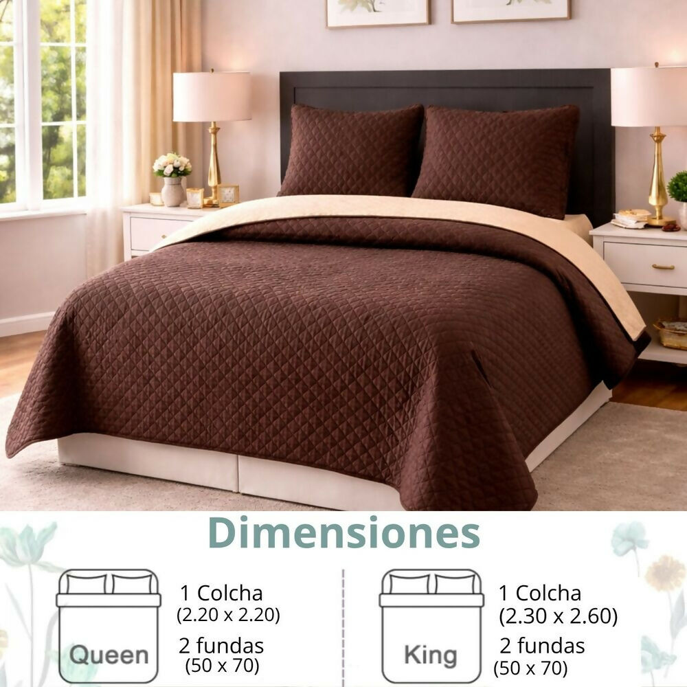 Colcha sencilla doble faz café beige