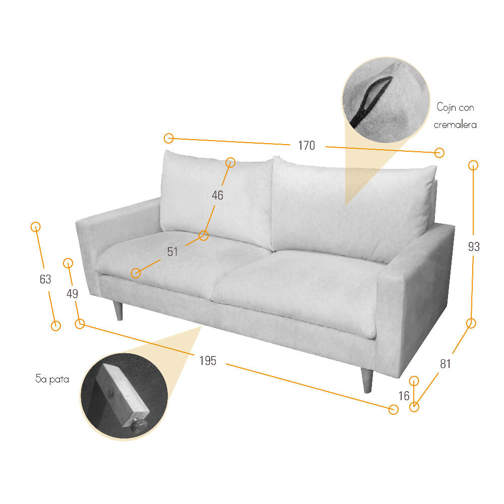 Sofa Louisiana 3 Puestos 195x81x93 Tela Beige
