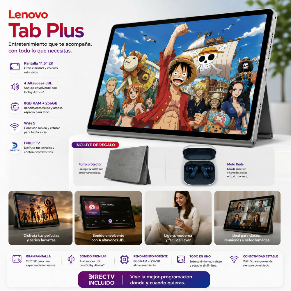 Tablet Lenovo Tab Plus 256gb 8gb Ram Wi-Fi + Forro + Moto Buds + DirecTV