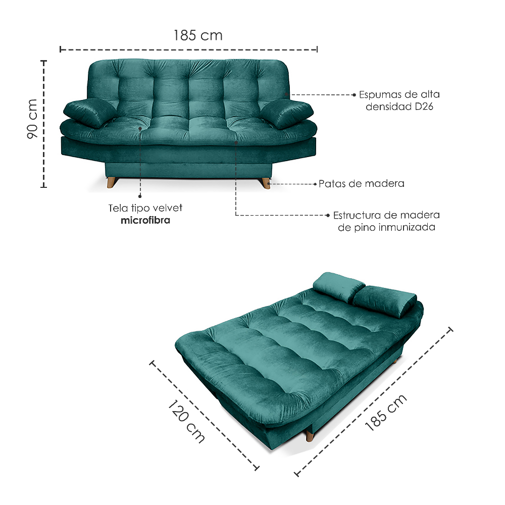 Sofa cama 3 Posiciones Fendik Tela Turquesa