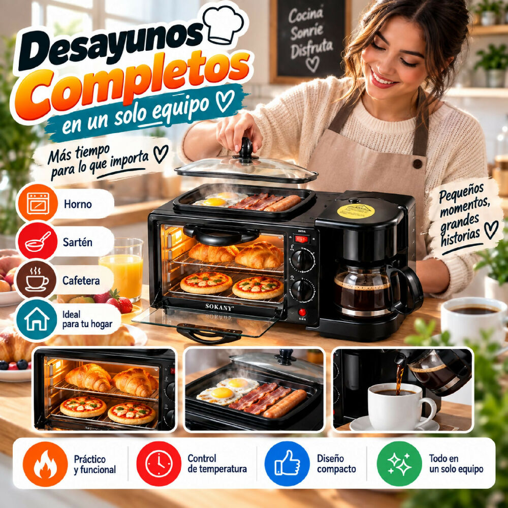 Mini Horno Eléctrico 3 En 1 Sokany Estación De Desayuno Con Horno, Cafetera Y Plancha