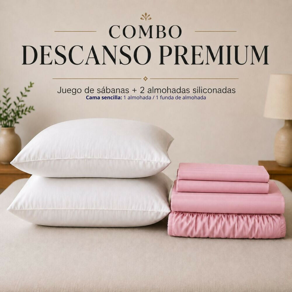 Combo Juego de sábanas + 2 almohadas siliconadas queen rosado