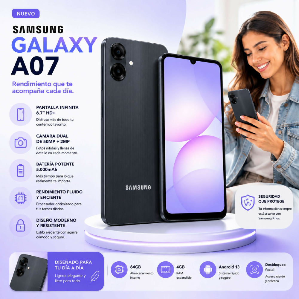 Celular Samsung Galaxy A07 128GB Almacenamiento 6GB RAM Smartphone Negro