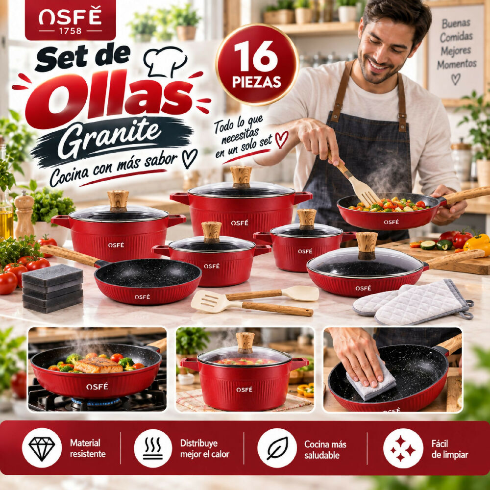 Set De Ollas De Granito Antiadherente 16 Piezas OSFÉ Diseño Elegante Y Utensilios Integrados Para El Hogar
