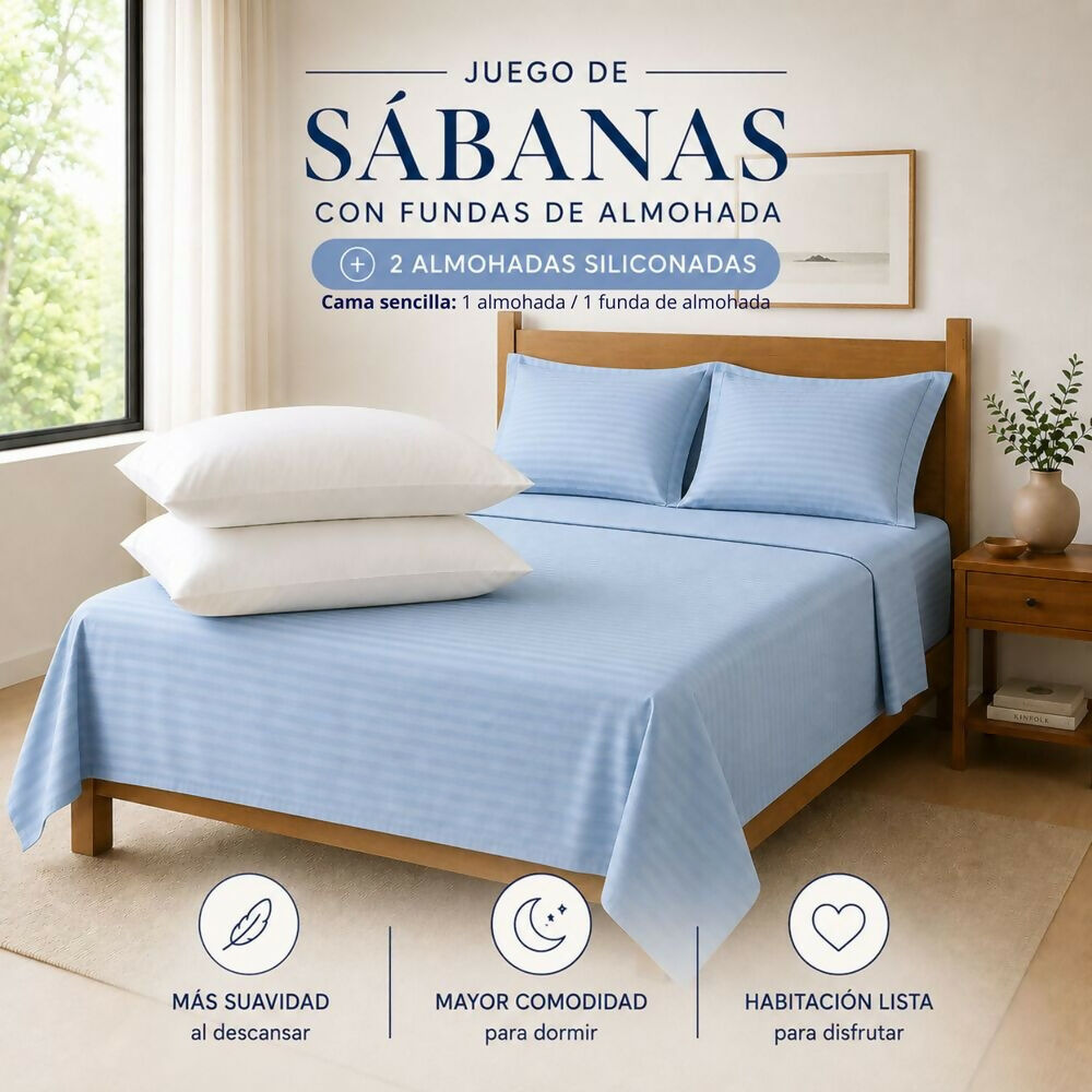 Combo Juego de sábanas + 2 almohadas siliconadas doble celeste
