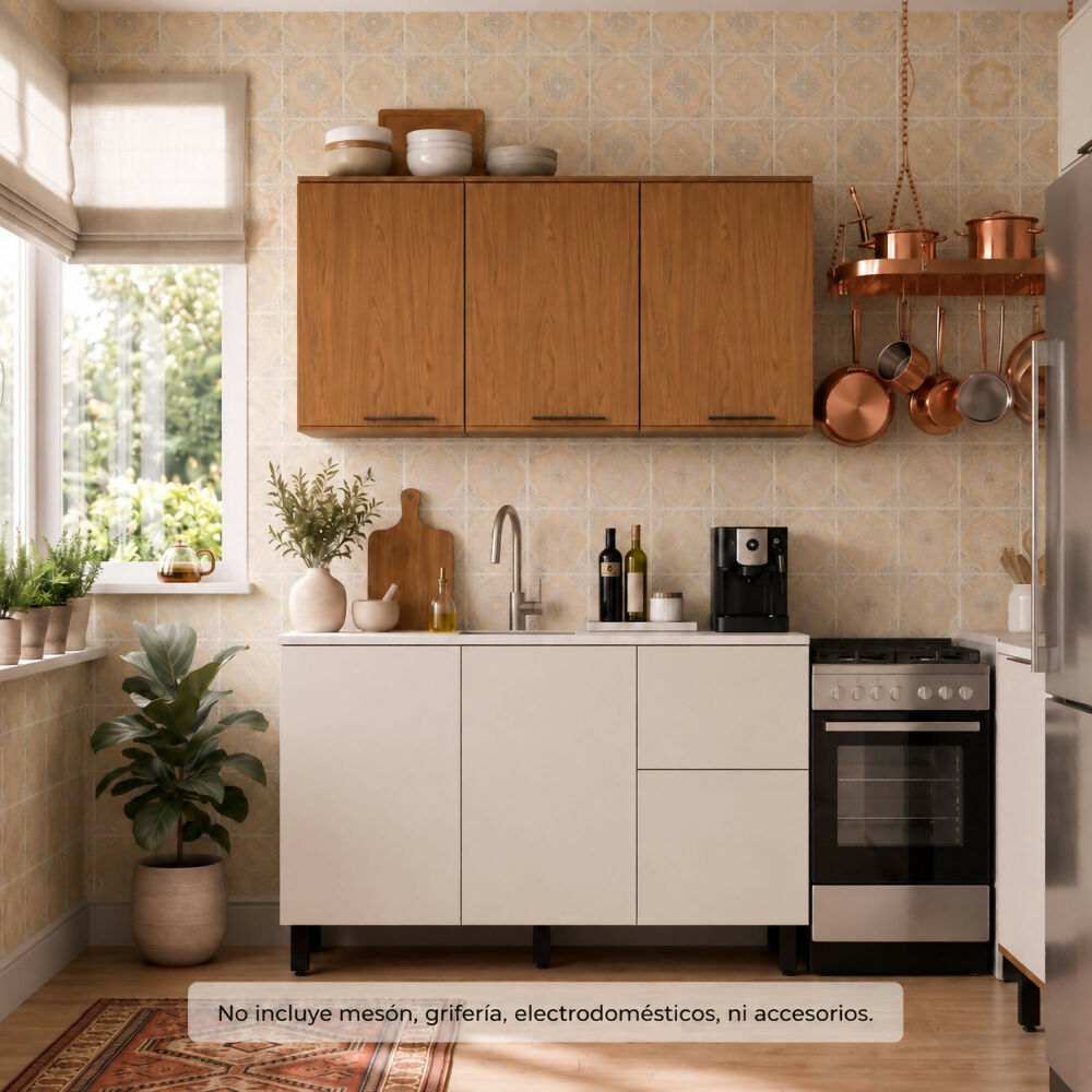 Cocina 120 cm Dominica 5 Puertas 2 Cajones - Natural/Blanco Apagado