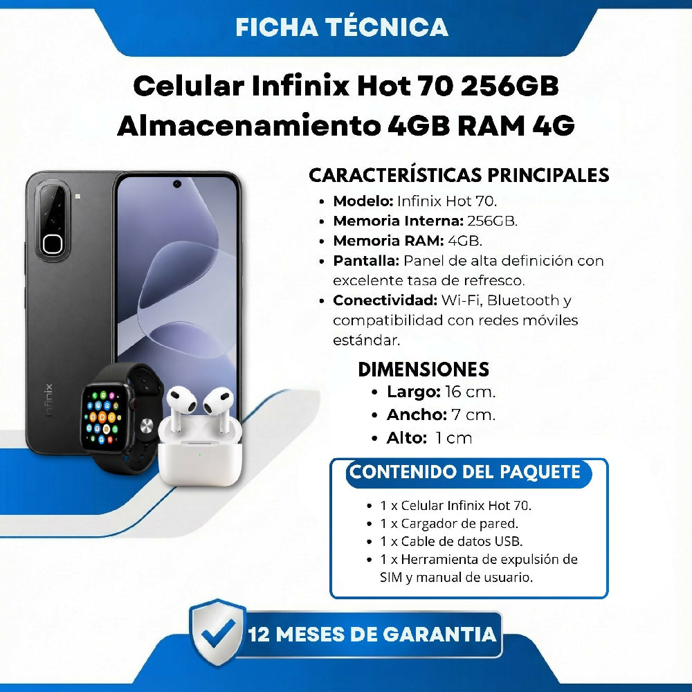 Celular Infinix Hot 70 256GB 4GB RAM Negro + Obsequio De Audífonos Y Reloj