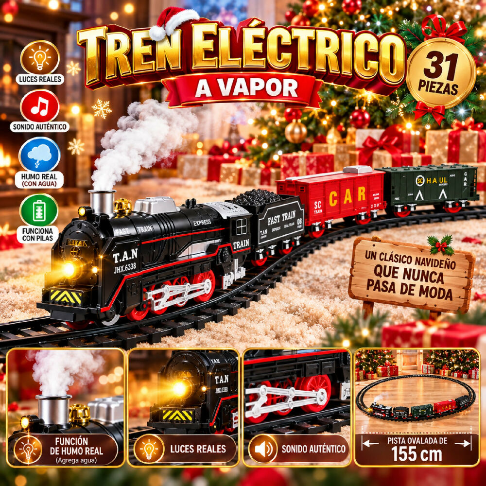 Tren Electrico A Vapor Con Humo Y Luz 6338 Set De 31 Piezas Con Sonido De 155CM