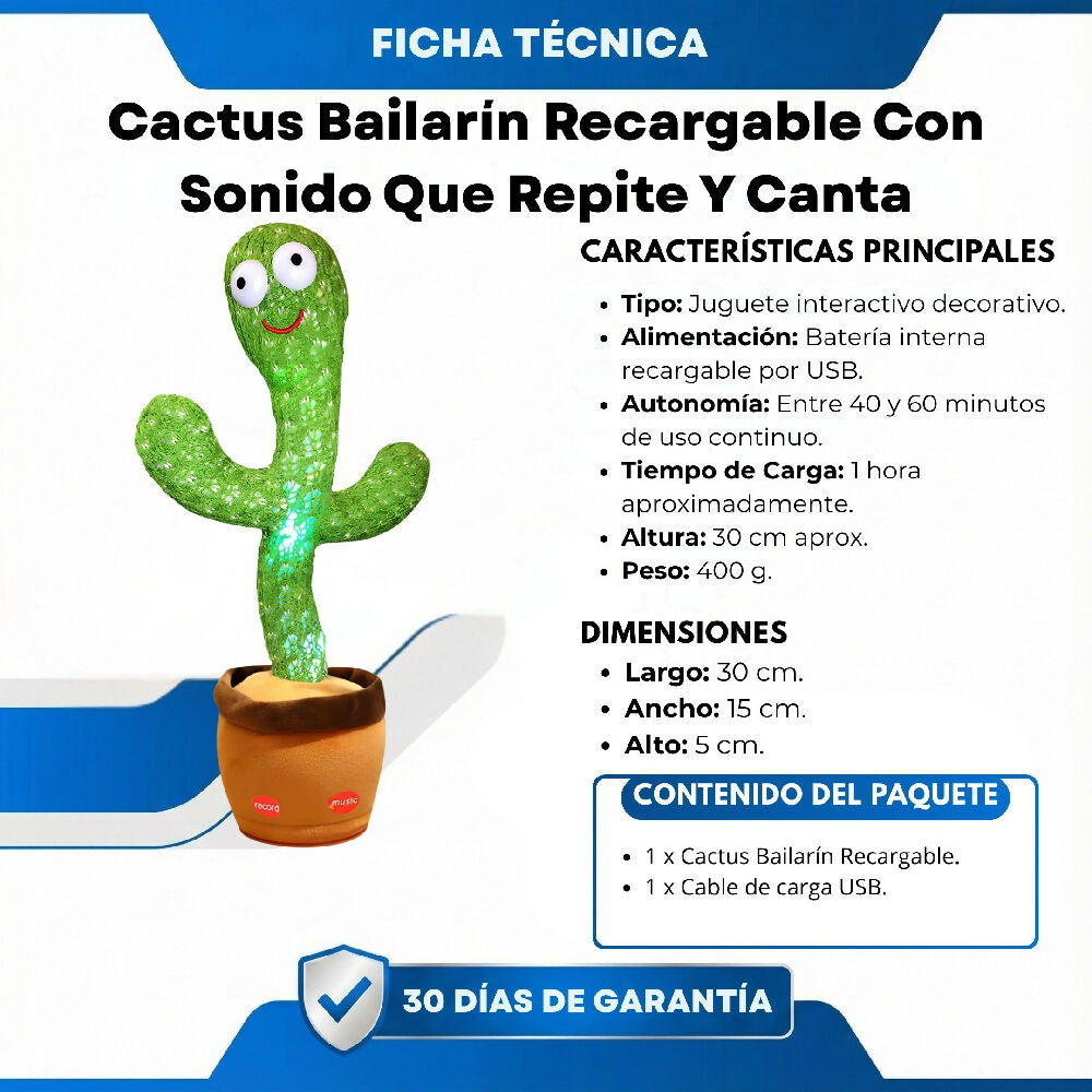 Cactus Bailarín Recargable Con Sonido Interactivo Que Repite Y Canta