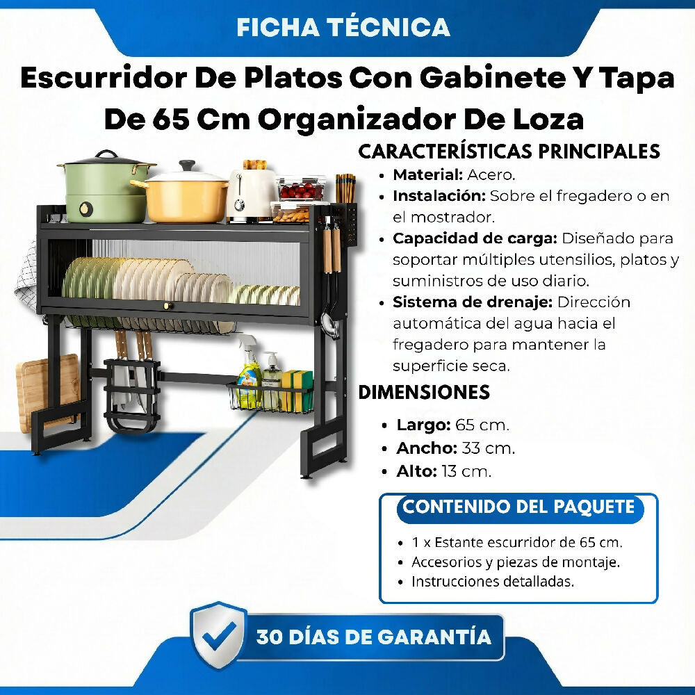 Escurridor De Platos Con Gabinete Y Tapa De 65 Cm Organizador De Loza