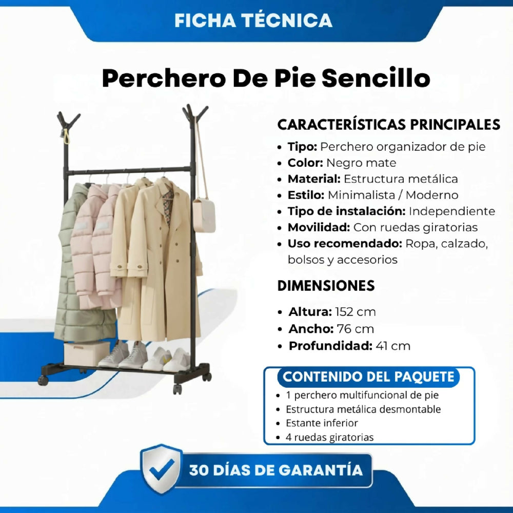 Perchero De Pie Sencillo Clásico Para Entrada Y Oficina