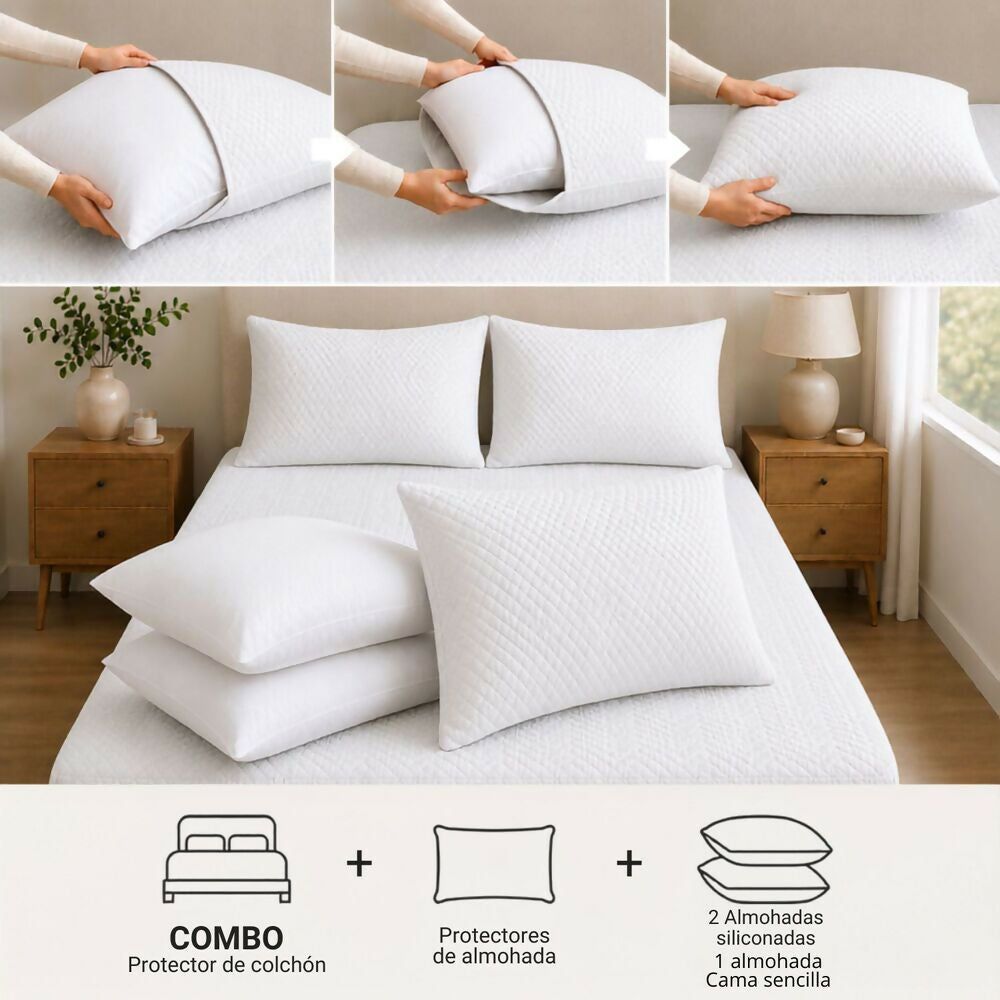 Combo protector colchon + 2 almohadas siliconadas king blanco