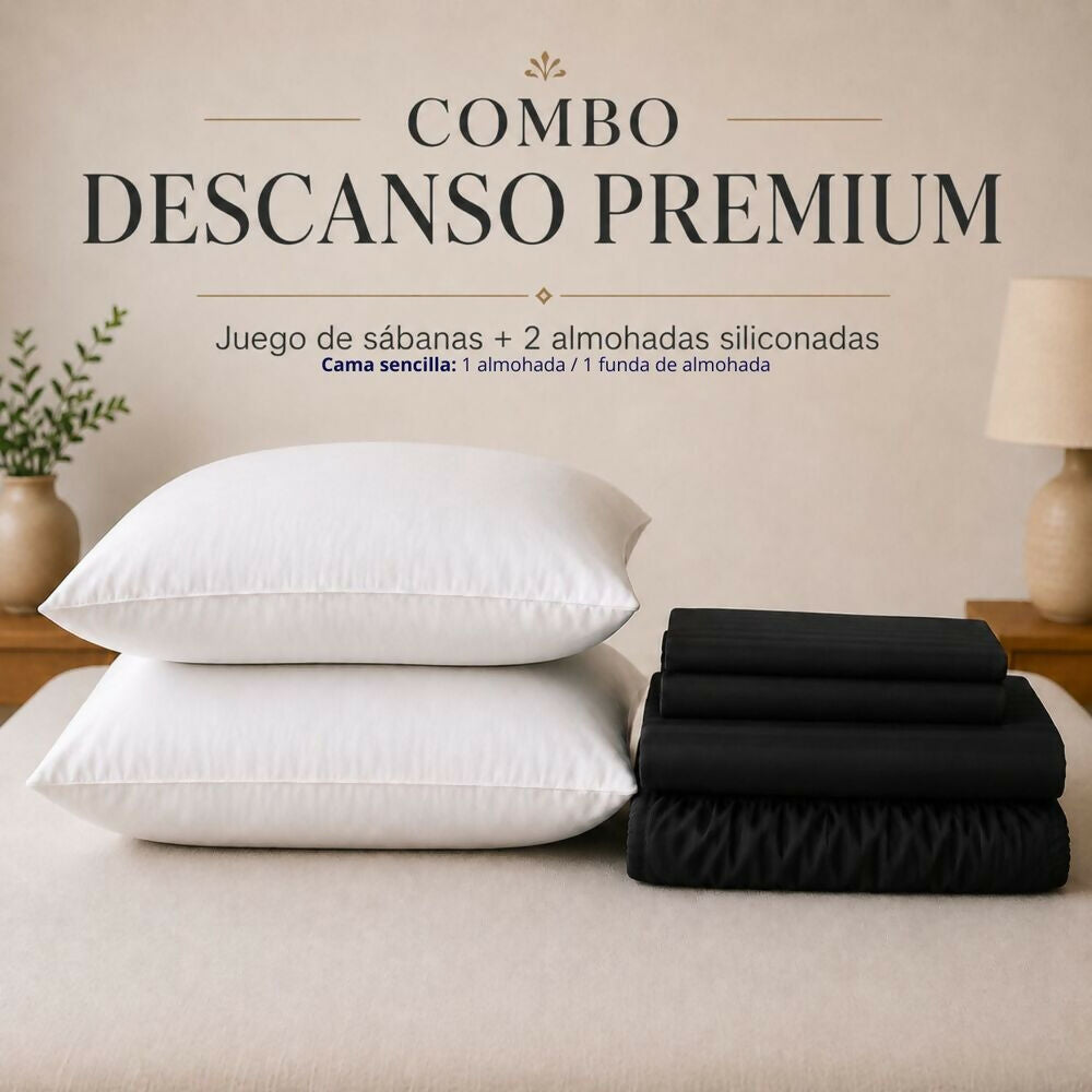 Combo Juego de sábanas + 2 almohadas siliconadas king negro