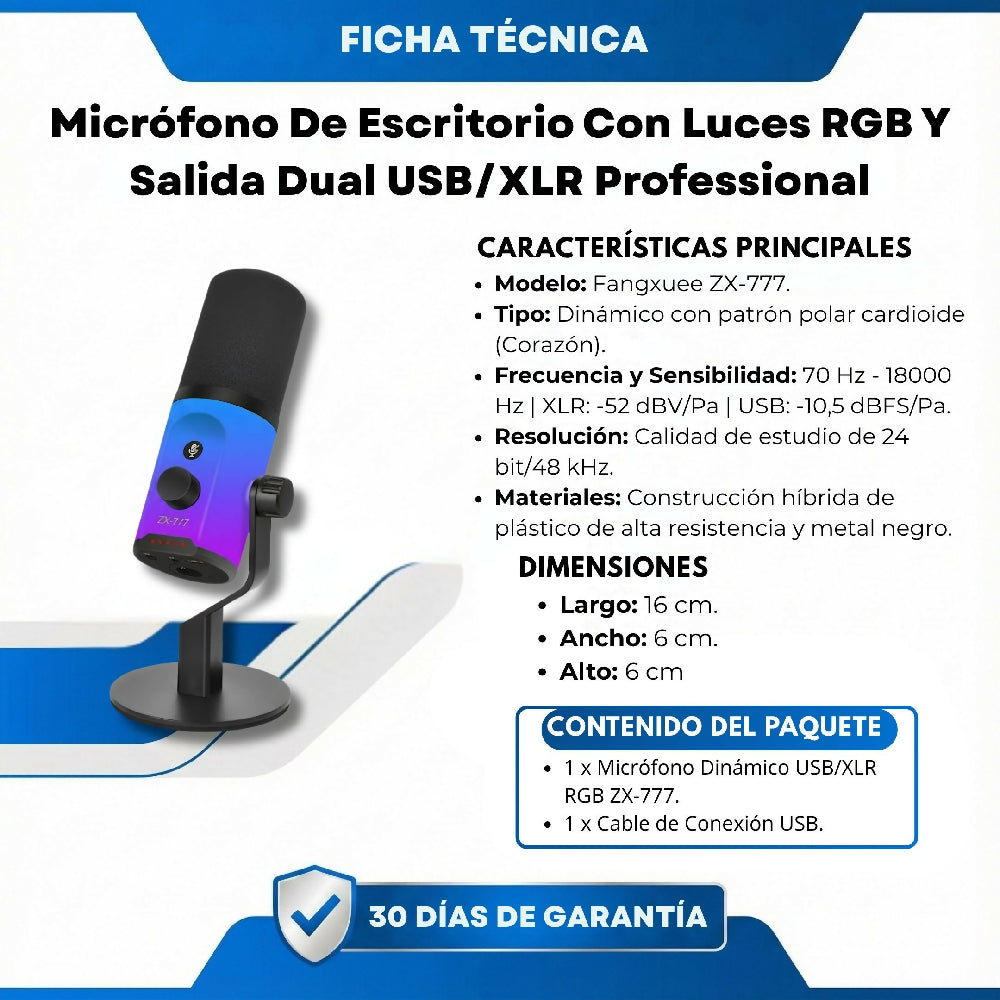 Micrófono De Escritorio Con Luces RGB Y Salida Dual USB/XLR Professional