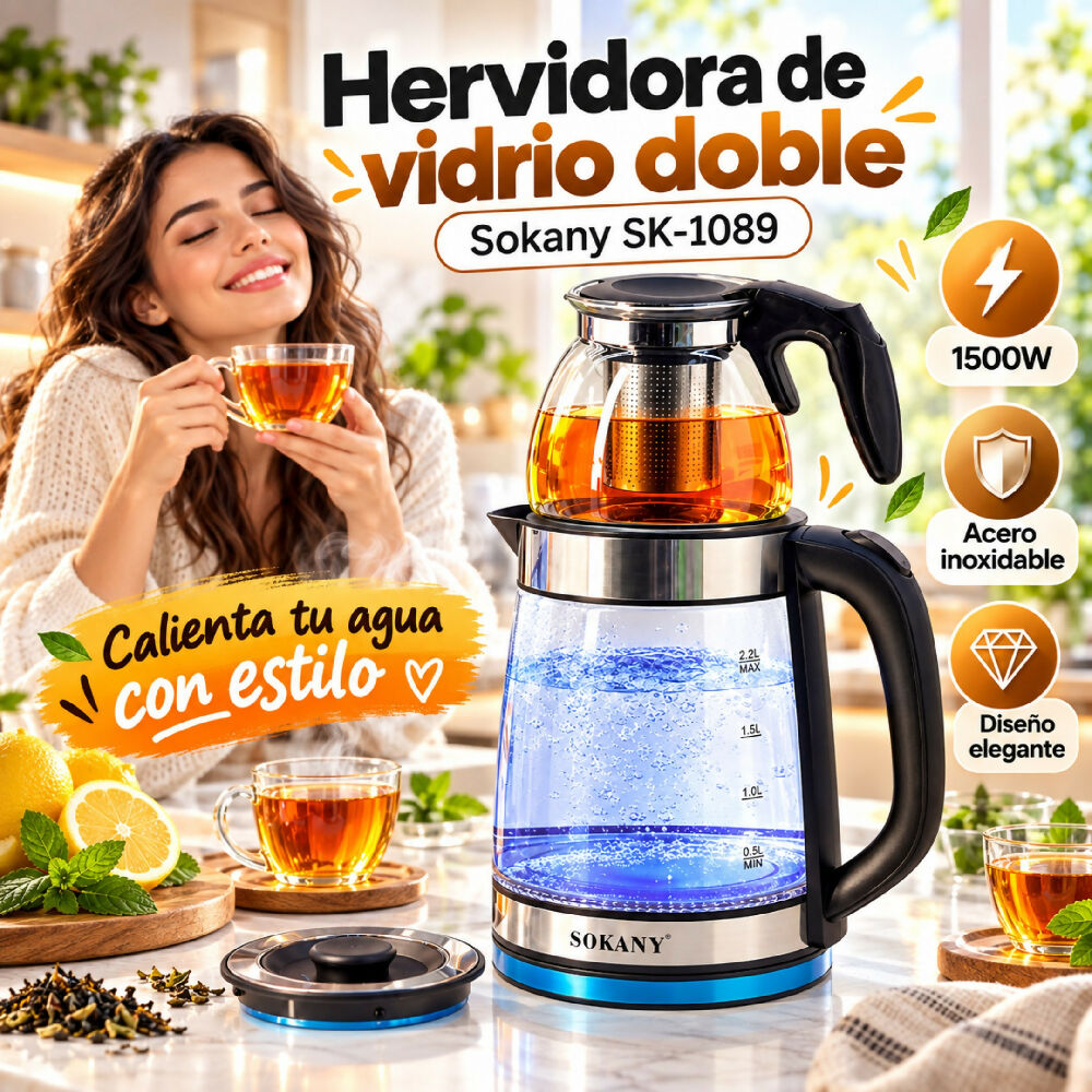 Hervidor Doble Electrico De Vidrio Sokany SK-1089 2.2 Litros Y 0.8 Litros Tetera