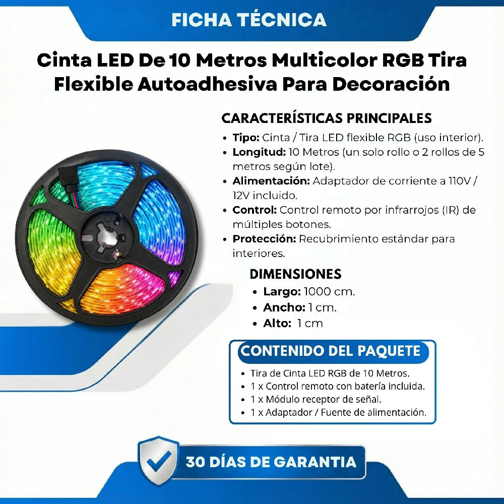 Cinta LED De 10 Metros Multicolor RGB Tira Flexible Autoadhesiva Para Decoración