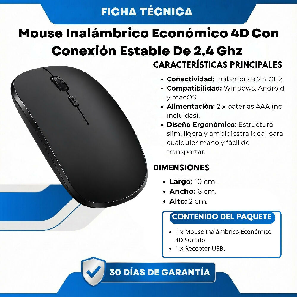 Mouse Inalámbrico Económico 4D Con Conexión Estable De 2.4 Ghz Y Diseño Ergonómico
