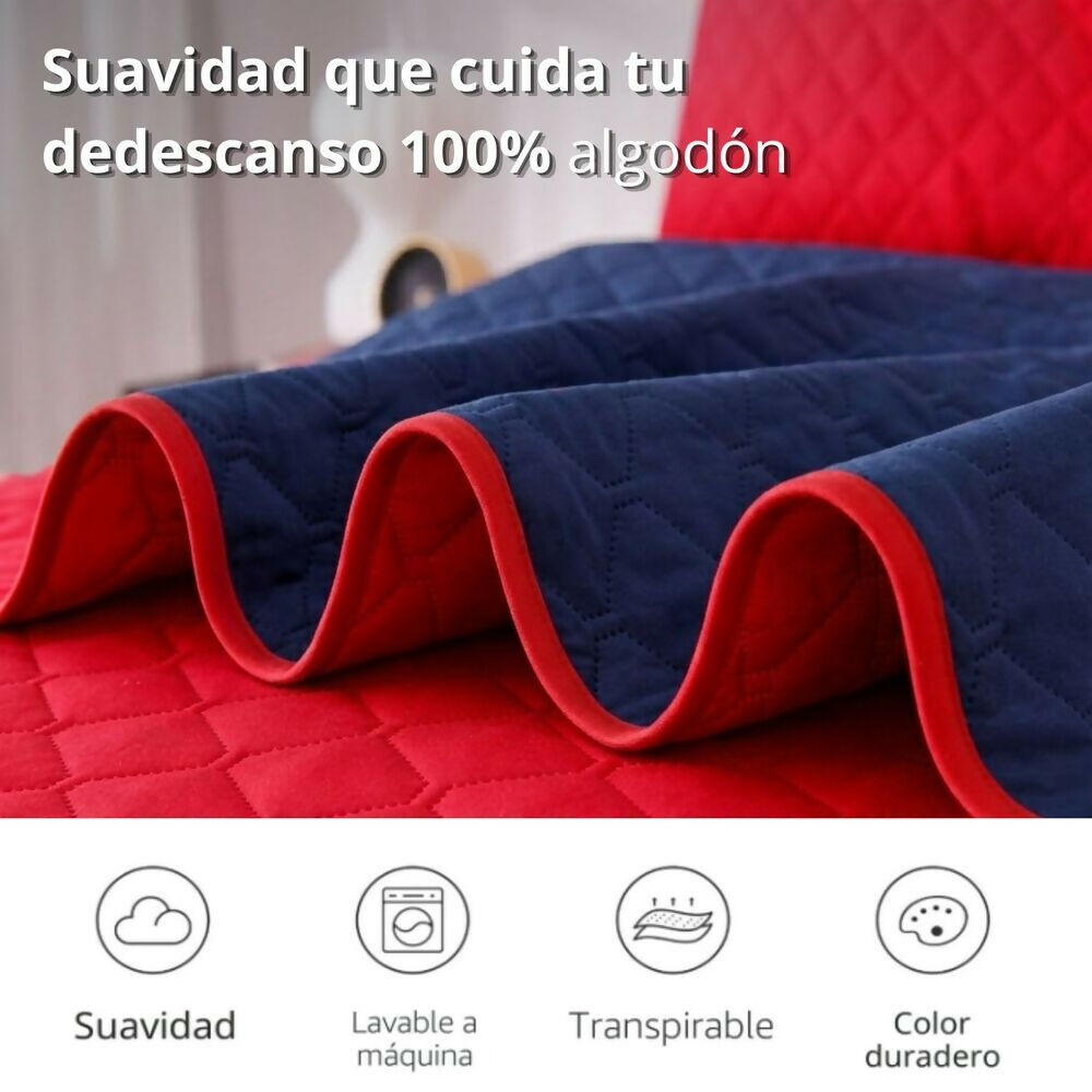 Colcha queen doble faz roja azul