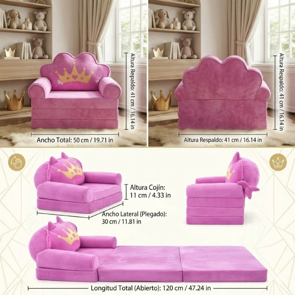 Sofá Cama Plegable Para Niñas Diseño Corona Acolchado Y Comodo