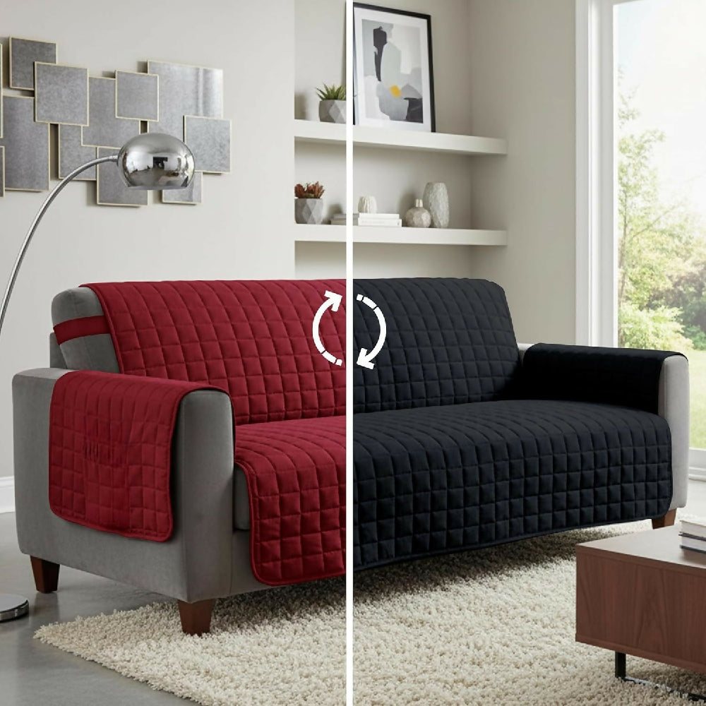 Protector de Sofá 3 Puestos Acolchado Doble Faz Unicolor Vino Tinto y Negro