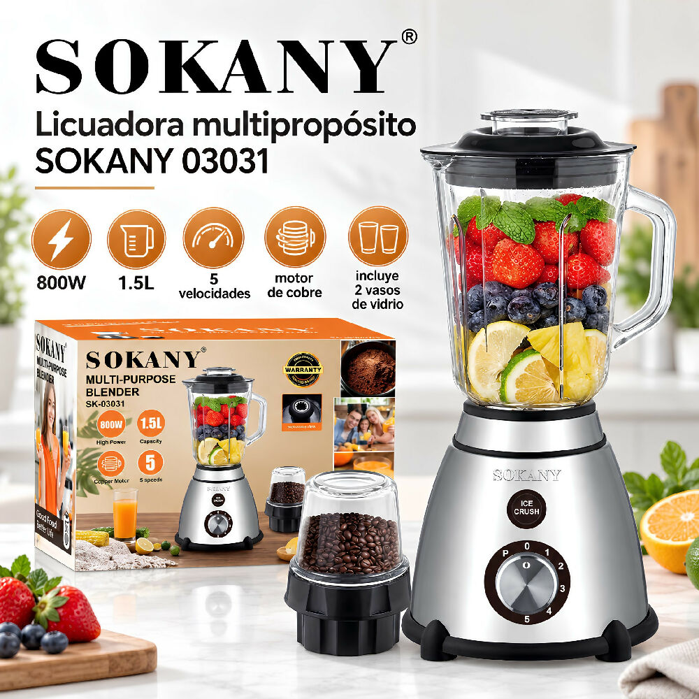 Licuadora Vaso De Alimentos Sokany 2 En 1 SK-03031 Alta Potencia Bebida 1,5L