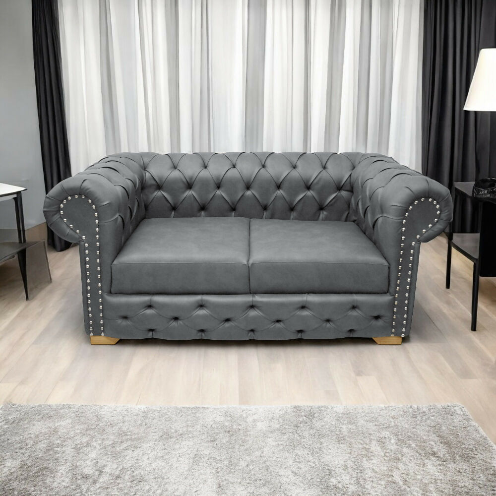 Sofá Chesterfield 2 puestos tipo cuero gris