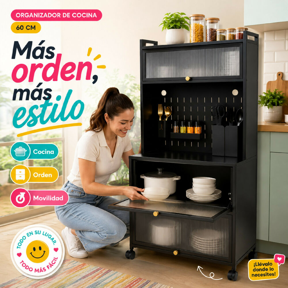 Estante Organizador De 60 CM Cocina Rodante Con Gabinetes Y Soportes