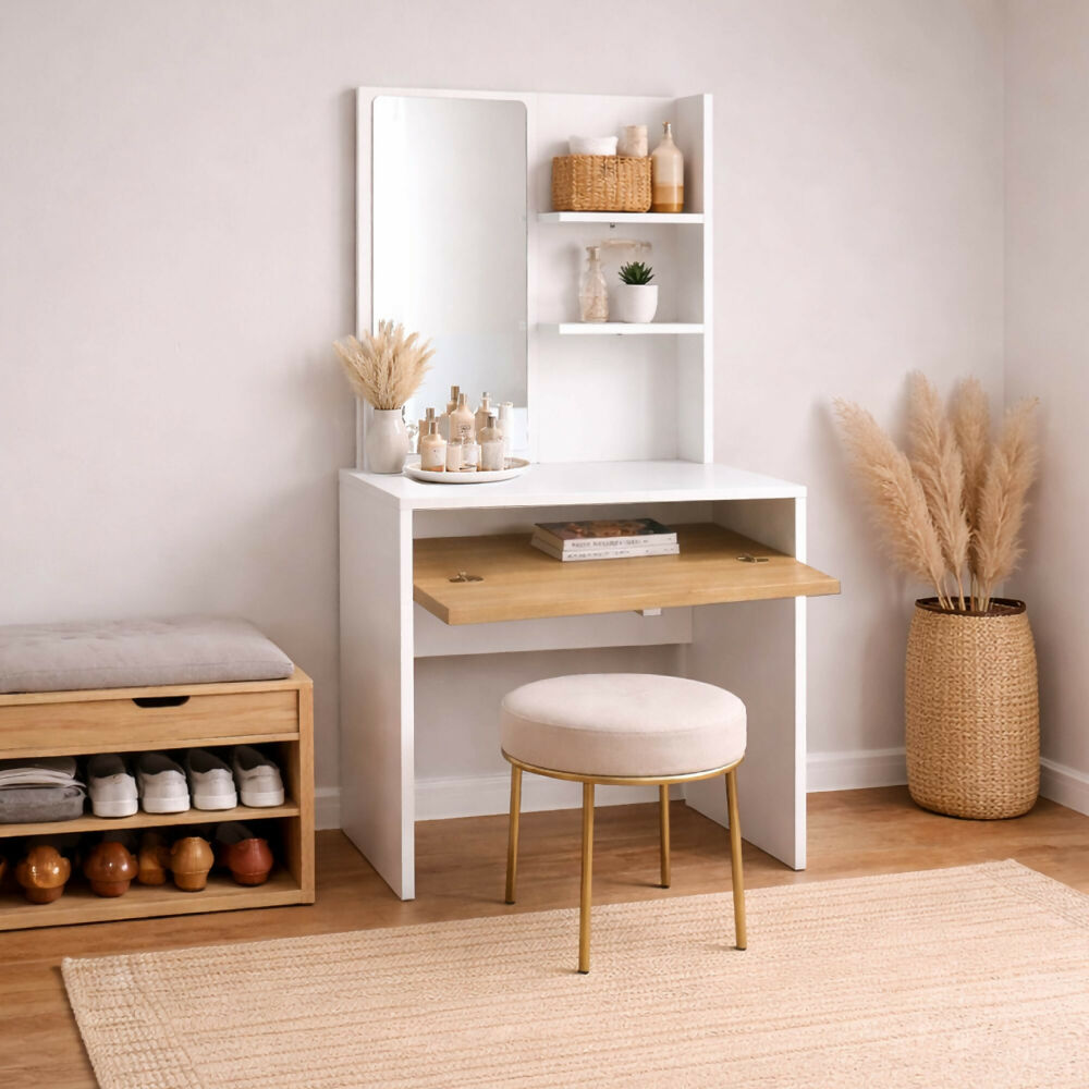 Tocador Touluse con Espejo Repisas 140x70x40cm Blanco-Madera