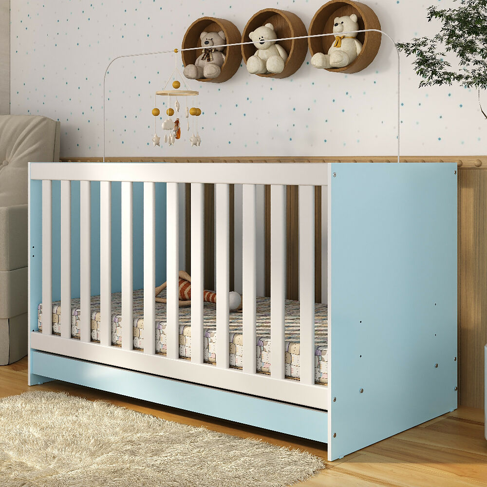 Cuna Bebe Blanco Azul Convertible 3 En 1