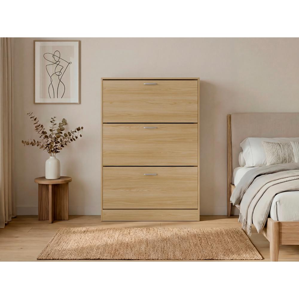 Zapatero Merlín, Fresno Europeo y Blanco, con Tres Puertas Abatibles con Manijas Metálicas