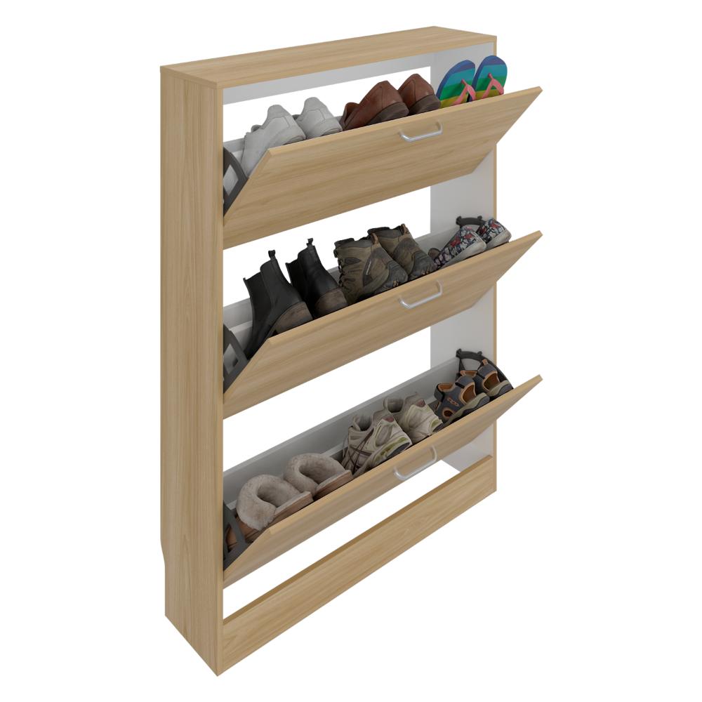 Zapatero Merlín, Fresno Europeo y Blanco, con Tres Puertas Abatibles con Manijas Metálicas