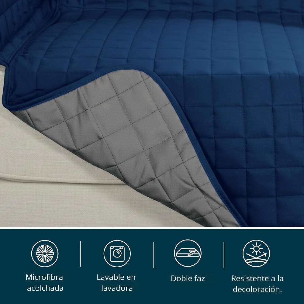 Protector de Sofá 1 Puesto Acolchado Doble Faz Unicolor Azul Oscuro y Gris