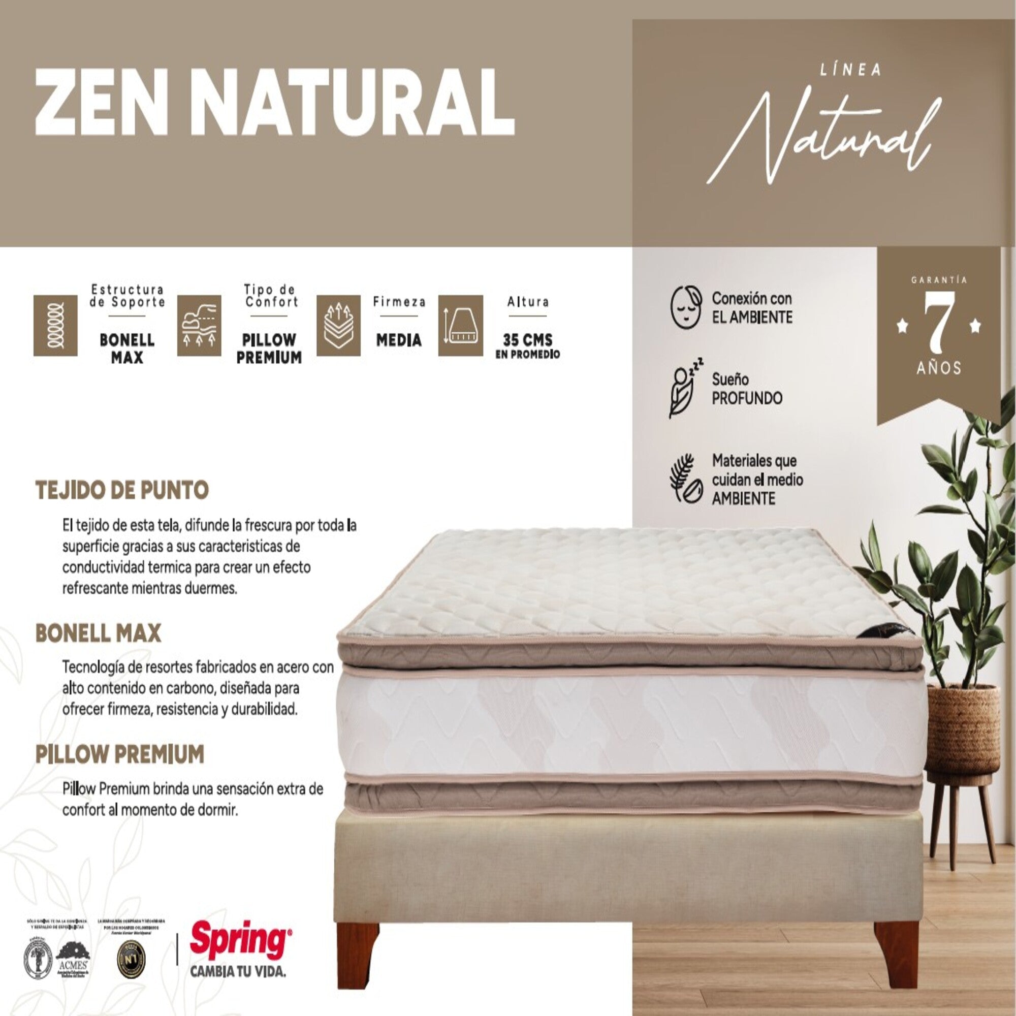 Colchón Spring Zen Natural King 200X200 Cm  Gratis Almohadas Siliconadas