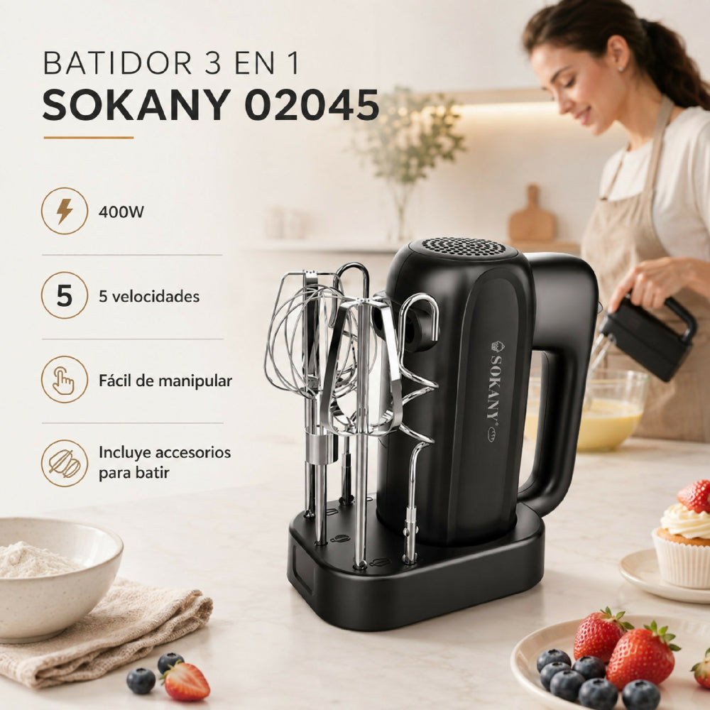 Batidor Electrico Sokany 3 En 1 SK-02045 Con 400W De Potencia Cocina Batidora
