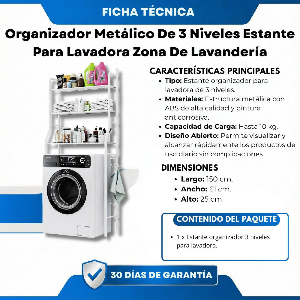 Organizador Metálico De 3 Niveles Estante Para Lavadora Zona De Lavandería