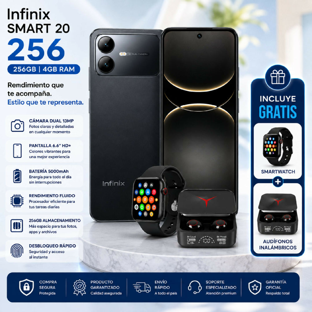Celular Infinix Smart 20 256GB 4GB RAM Negro + Audífonos Y Reloj Obsequio