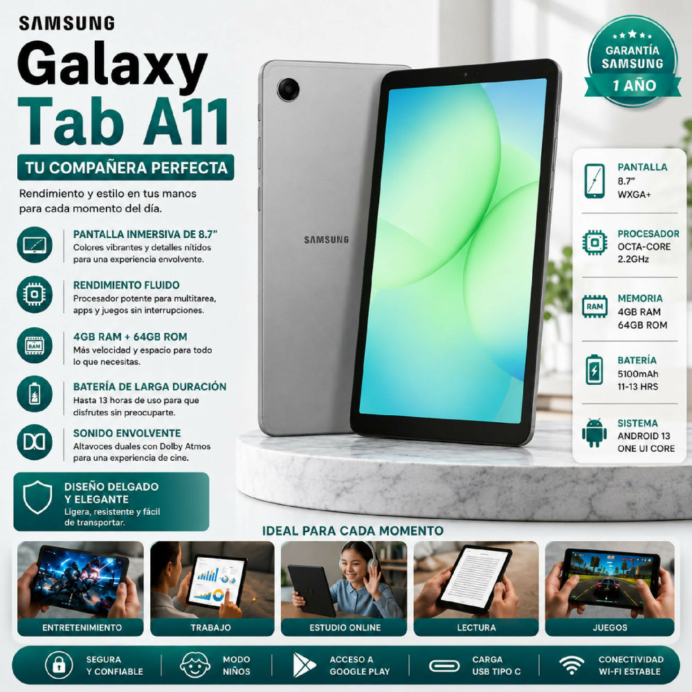 Tablet Samsung Galaxy Tab A11+ Wi-Fi 11 Pulgadas 256GB Almacenamiento 8GB RAM Gris