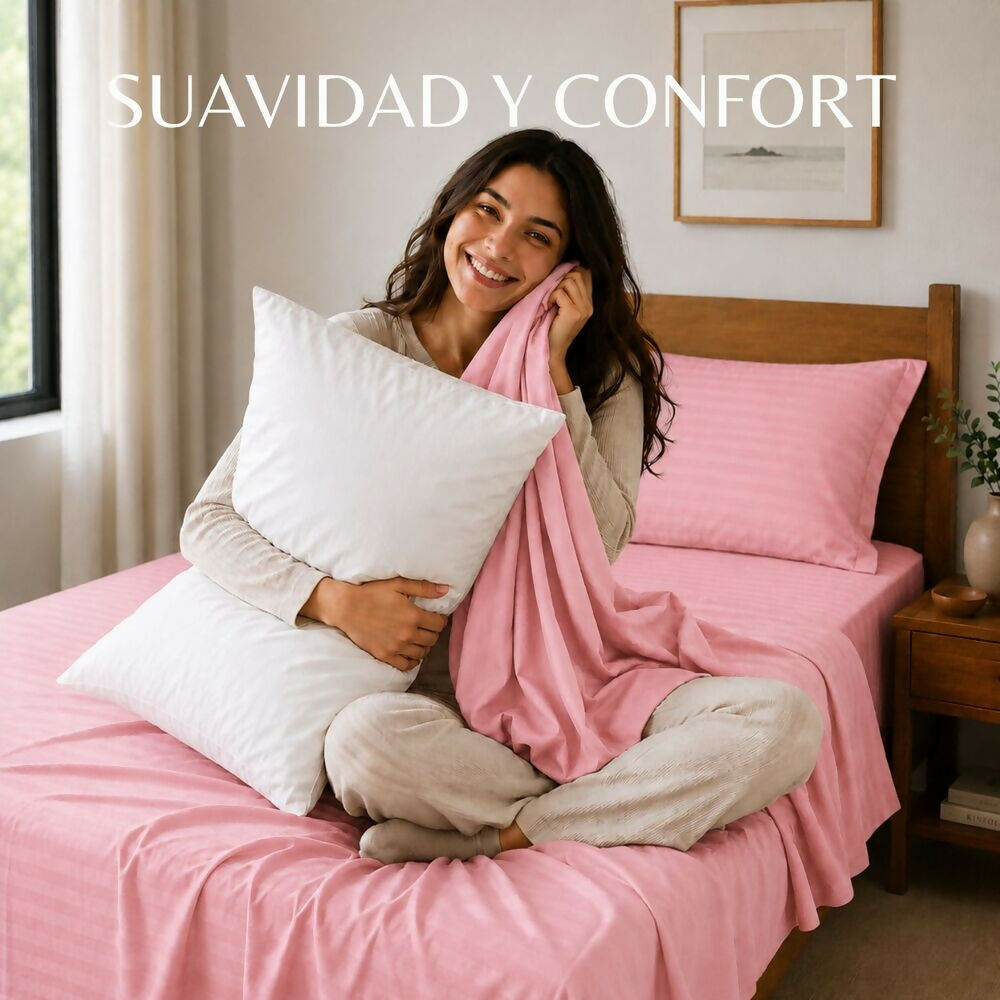 Combo Juego de sábanas + 1 almohada siliconada sencillo rosado