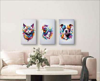 Lienzo Tríptico Arte Pop Animales A Color Set X 3 de 60x43cm c/u