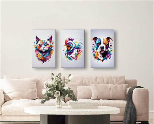 Lienzo Tríptico Arte Pop Animales A Color Set X 3 de 60x43cm c/u